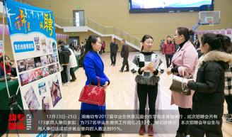 12月23日-25日，湖南幼专2017届毕业生供需见面会在学校体育馆举行，此次招聘会共有173家用人单位参加，为757名毕业生提供工作岗位2593个。据初步统计，本次招聘会毕业生与用人单位达成初步就业